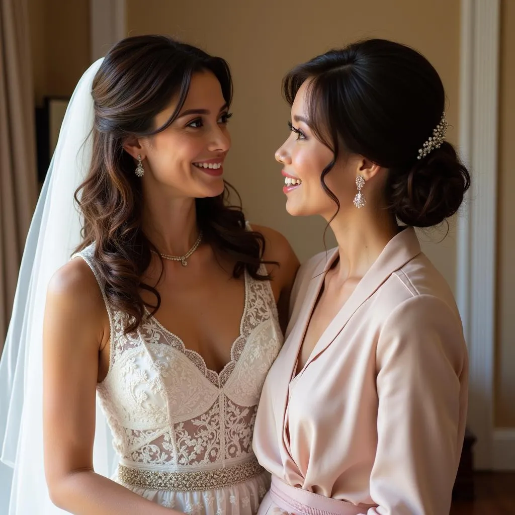 Mère et fille se regardant dans les yeux avant le mariage