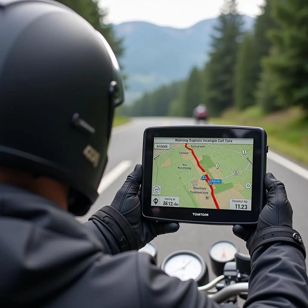 Un motard planifie son itinéraire avec une carte TomTom pour moto