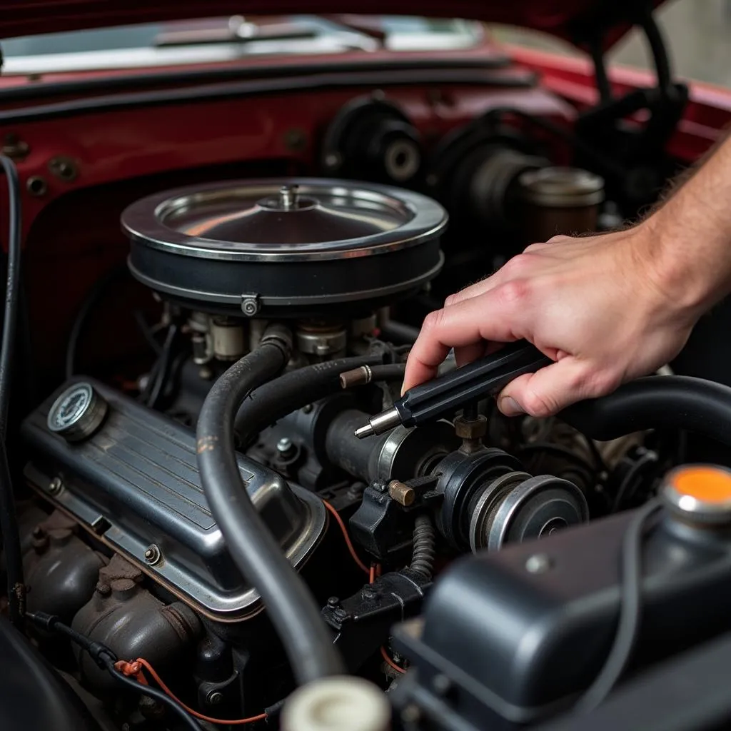 Moteur d'une voiture ancienne en cours de diagnostic