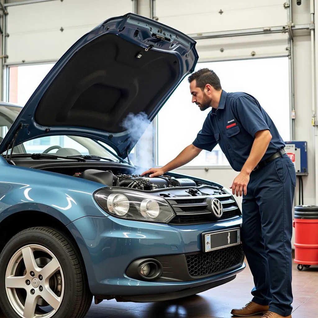 Moteur de voiture ouvert avec de la fumée qui s'en échappe