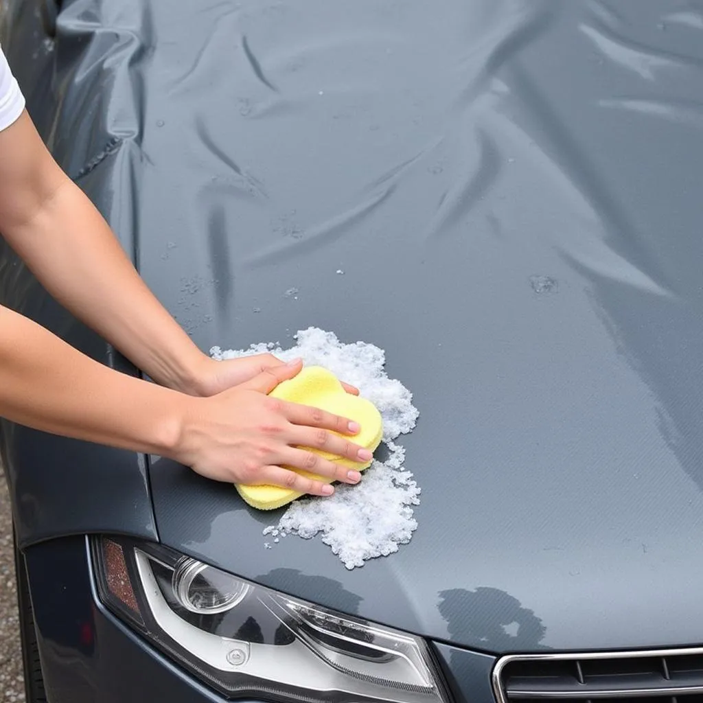 Nettoyage d'une housse de voiture avec de l'eau savonneuse et une éponge