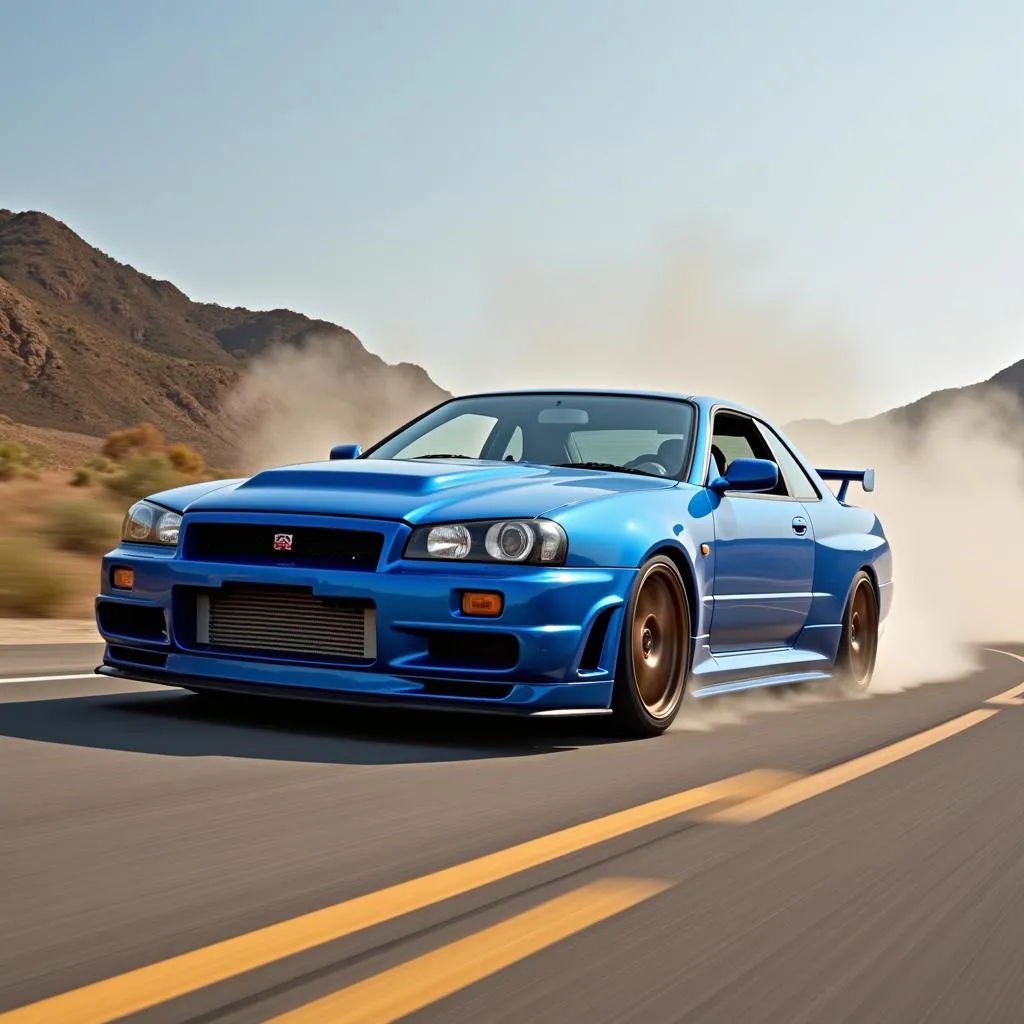 Brian au volant de sa Nissan Skyline GT-R R34 bleue