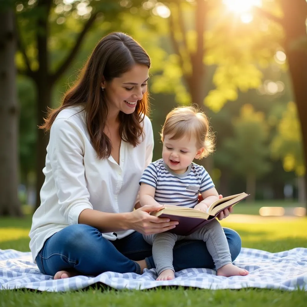 Nounou lisant un livre à un enfant dans un parc à Bellingham