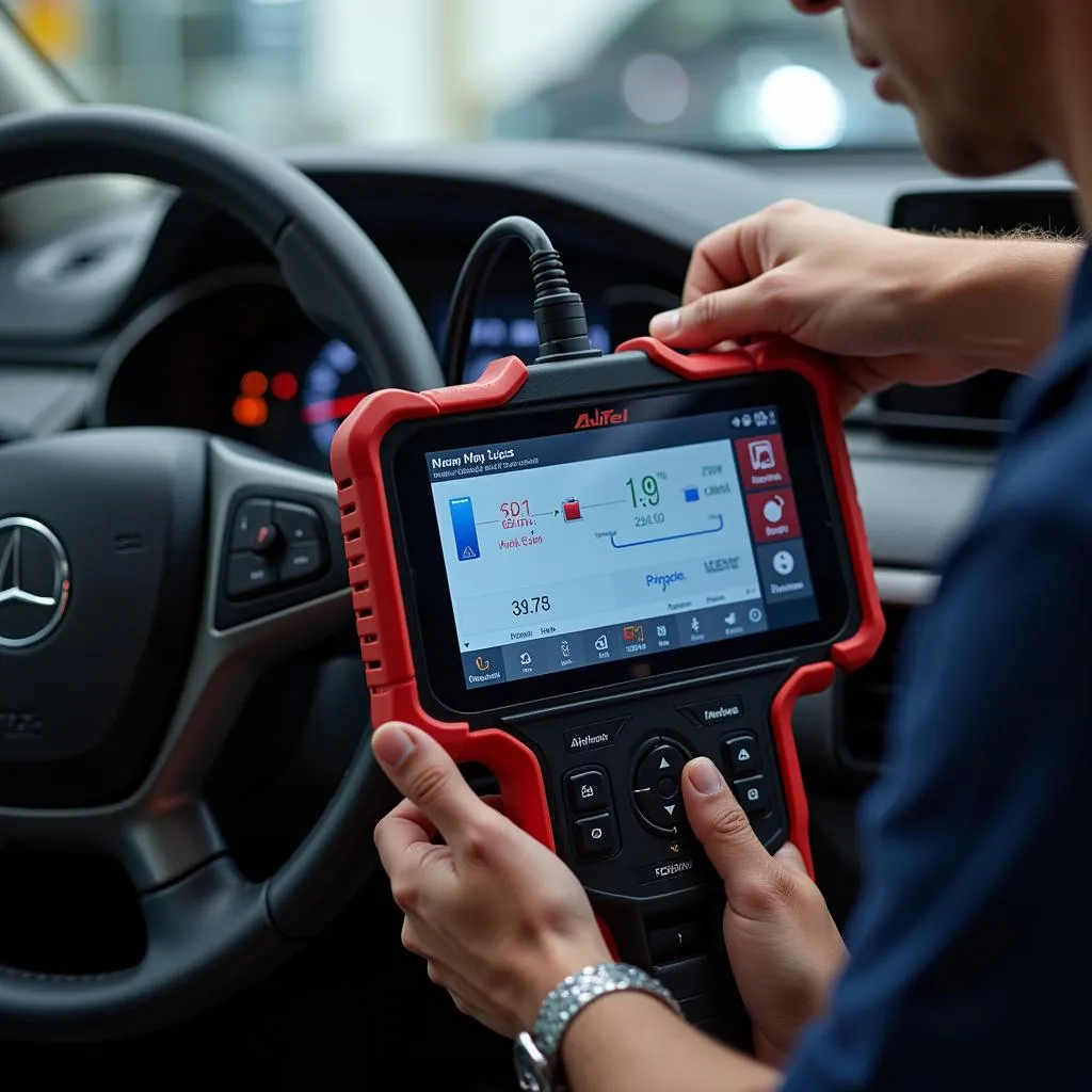 Outil de diagnostic automobile Autel branché sur un véhicule