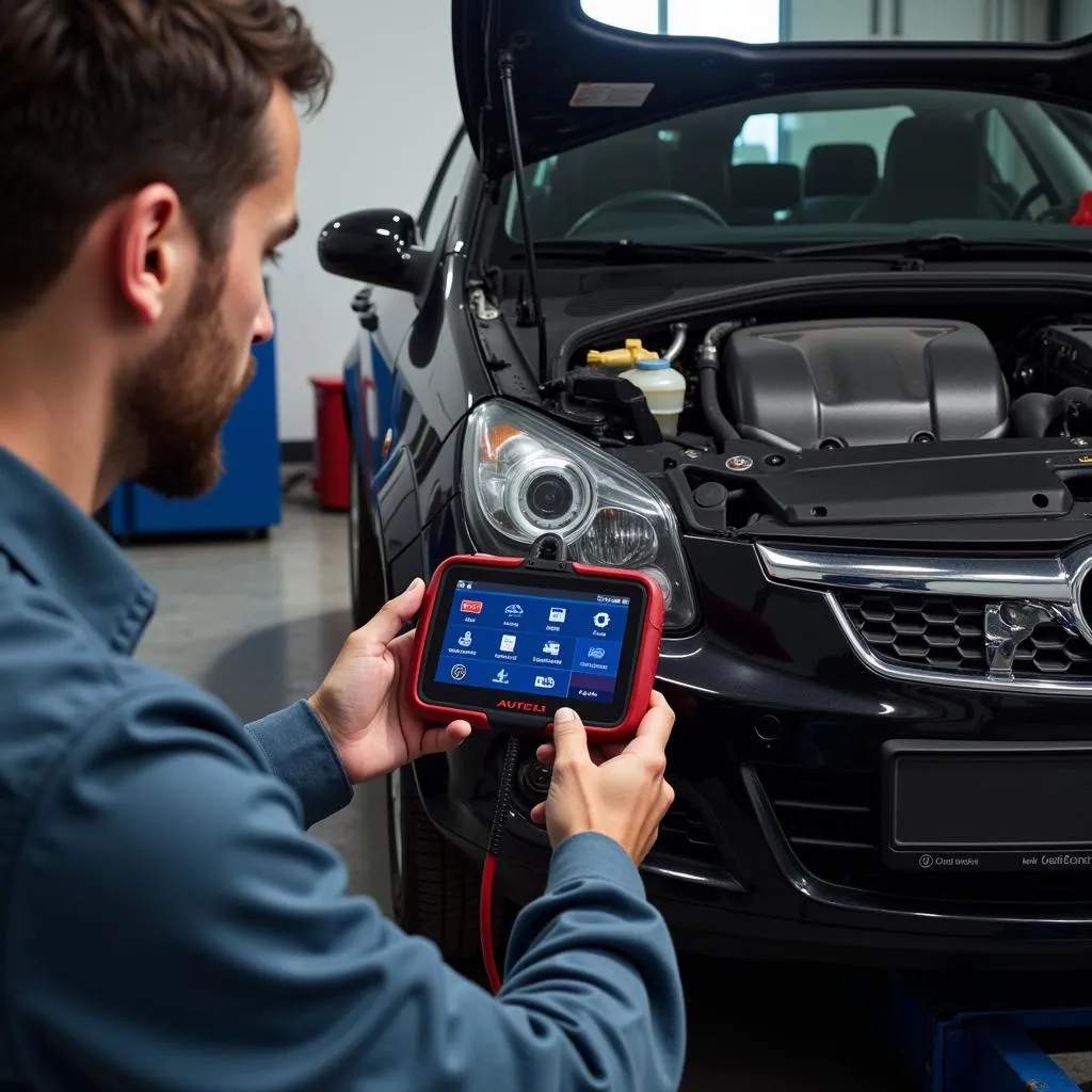 Mécanicien utilisant un outil de diagnostic Autel sur une voiture