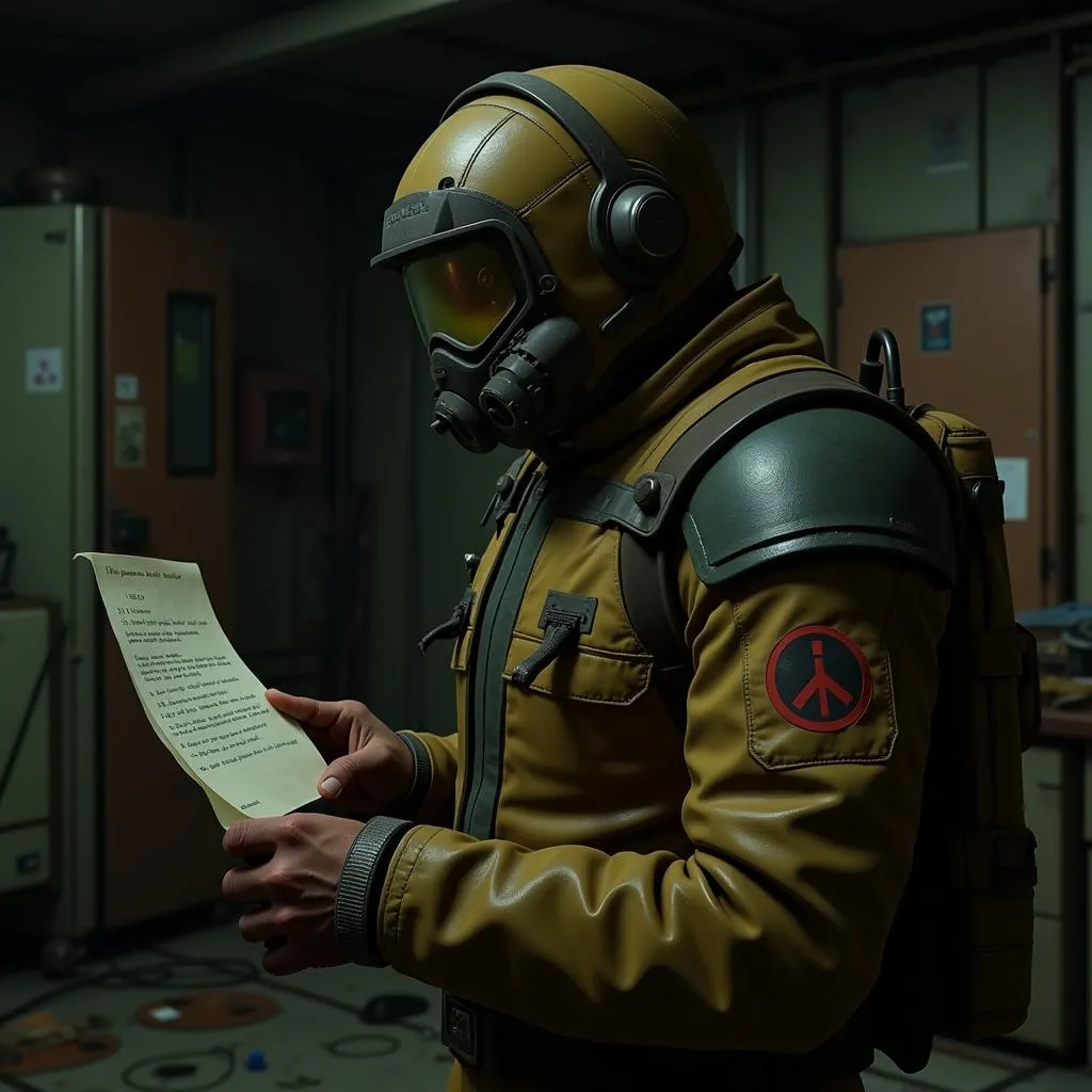 Personnage de Fallout 4 examinant un indice pour trouver le mot de passe