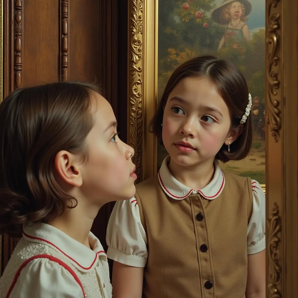 Deux petites filles devant un tableau de Béraud