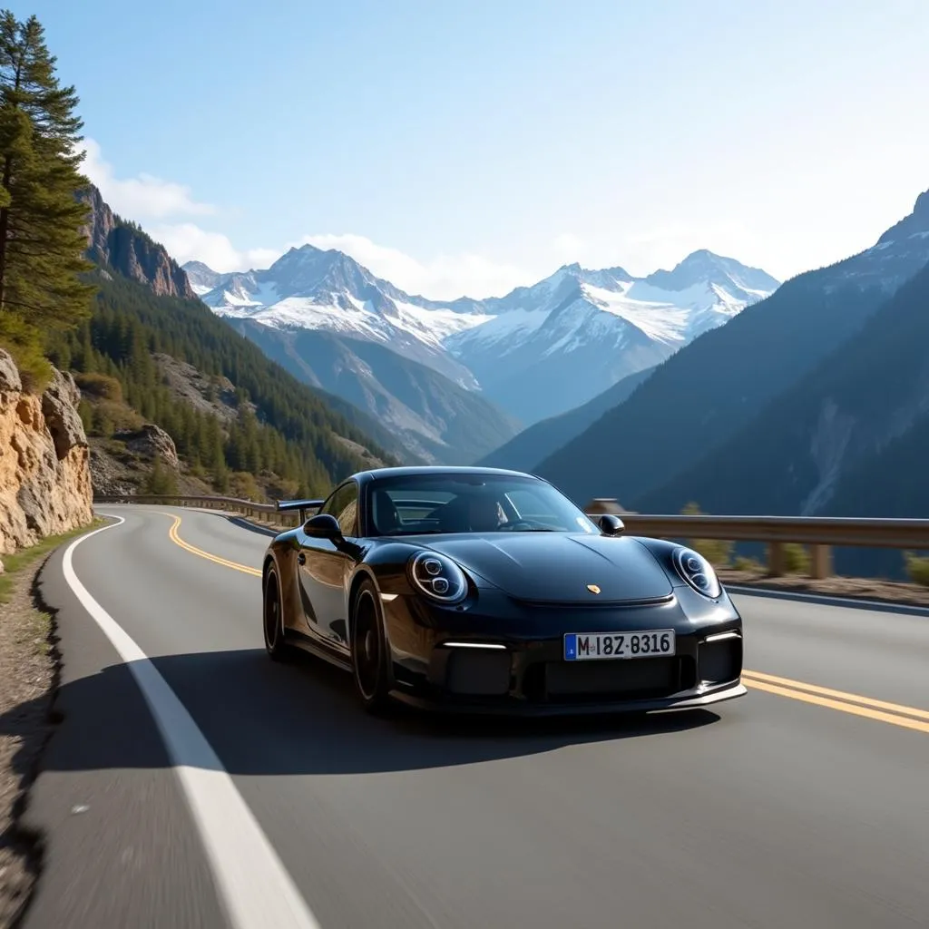 Porsche 911 GT3 noire filant sur une route de montagne