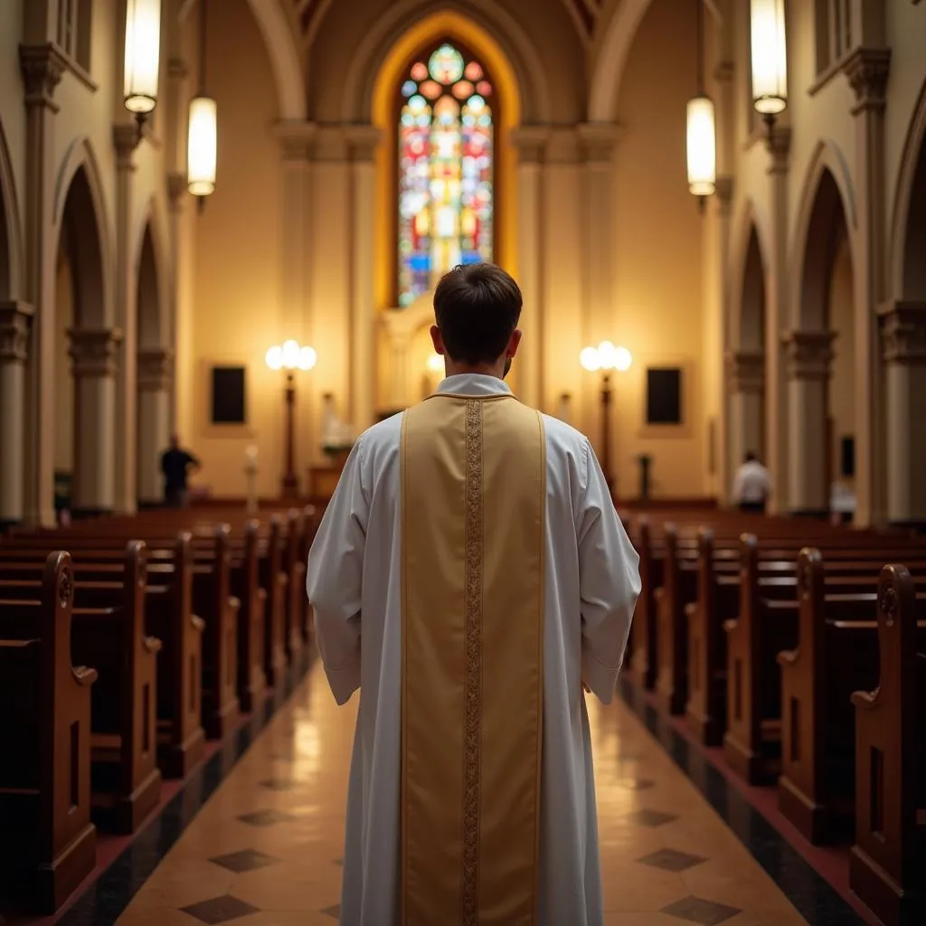 Prêtre devant l'autel d'une église