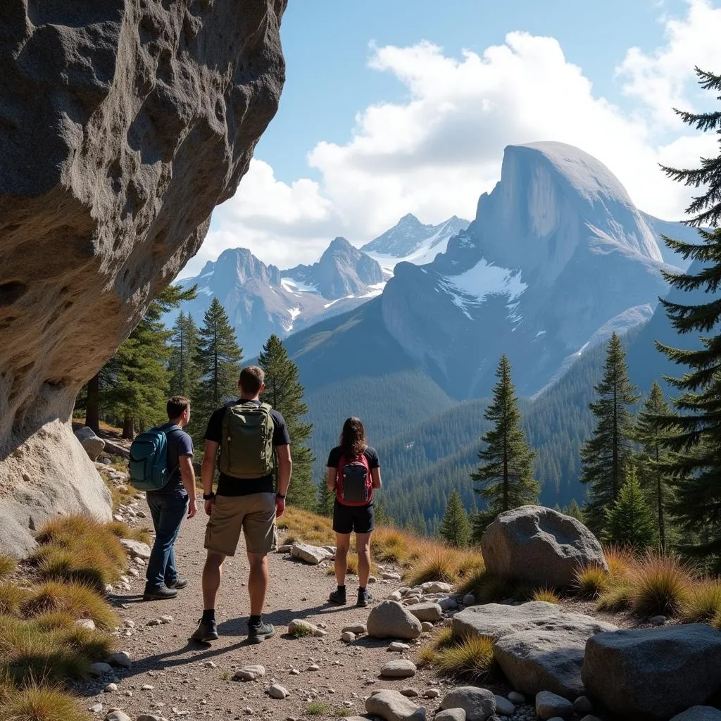 Randonneurs admirant la dalle de l'autel avec le paysage du Mont Bégo en arrière-plan