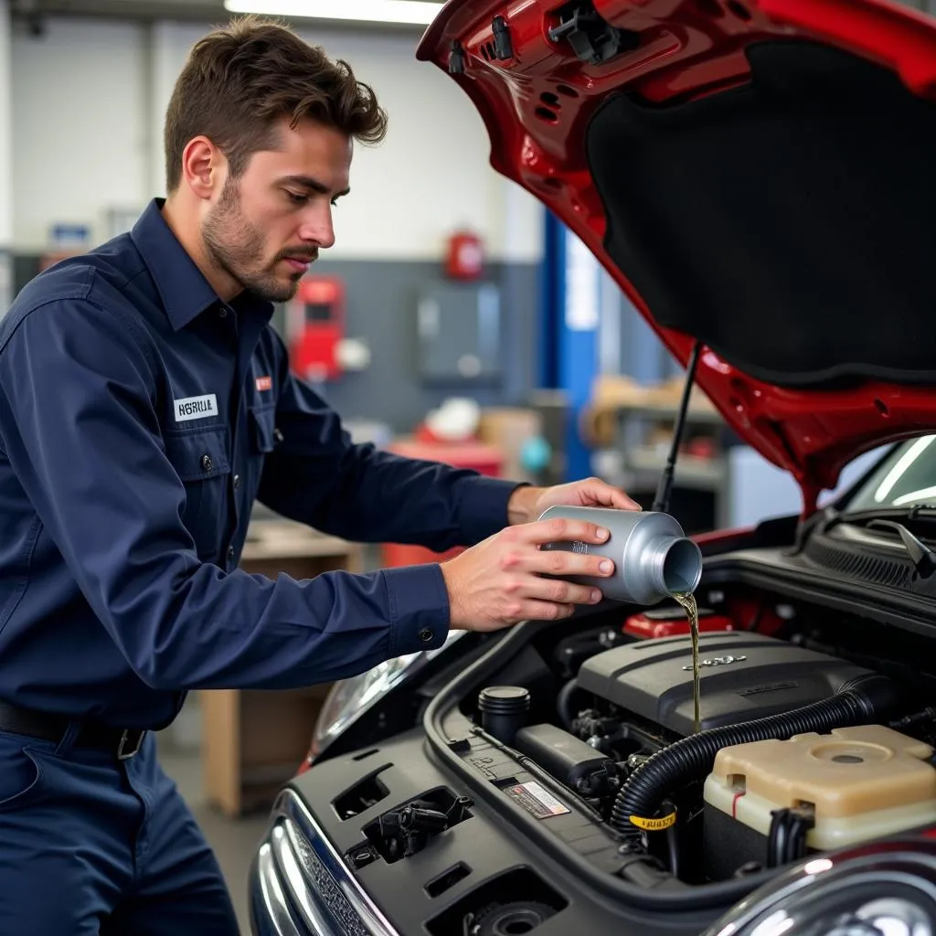 Un mécanicien remplaçant le liquide de refroidissement d'une Mini Cooper