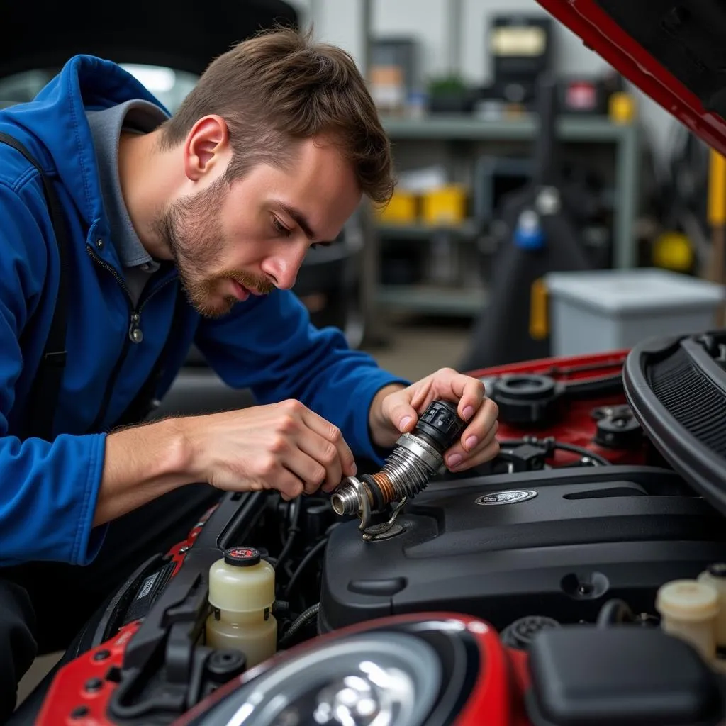 Mécanicien remplaçant le thermostat sur une Mini Cooper