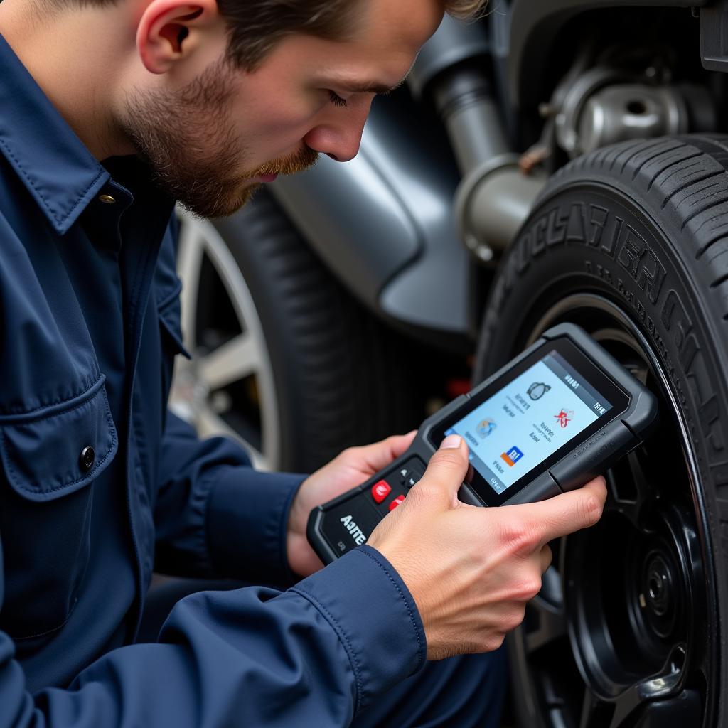 Technicien automobile utilisant un outil de diagnostic Autel DC pour réparer un véhicule