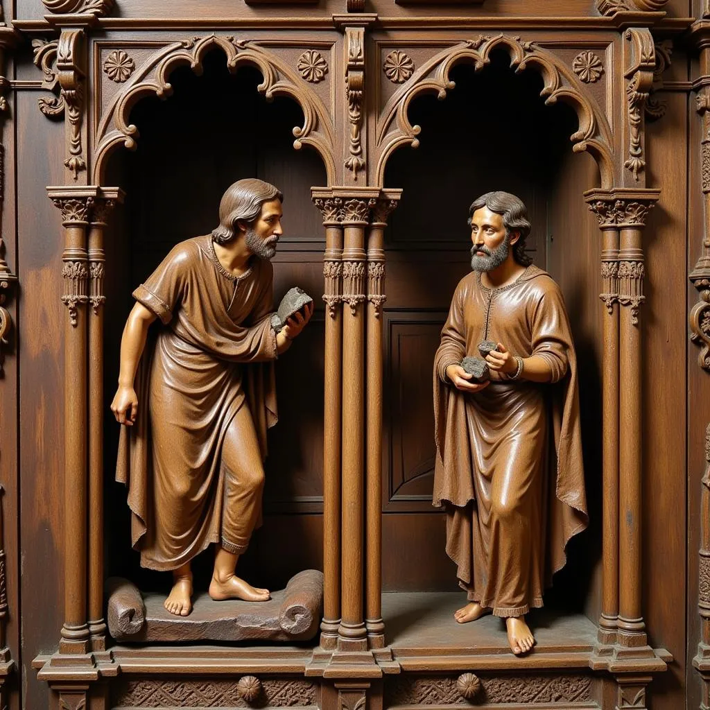 Retable médiéval sculpté représentant des scènes bibliques