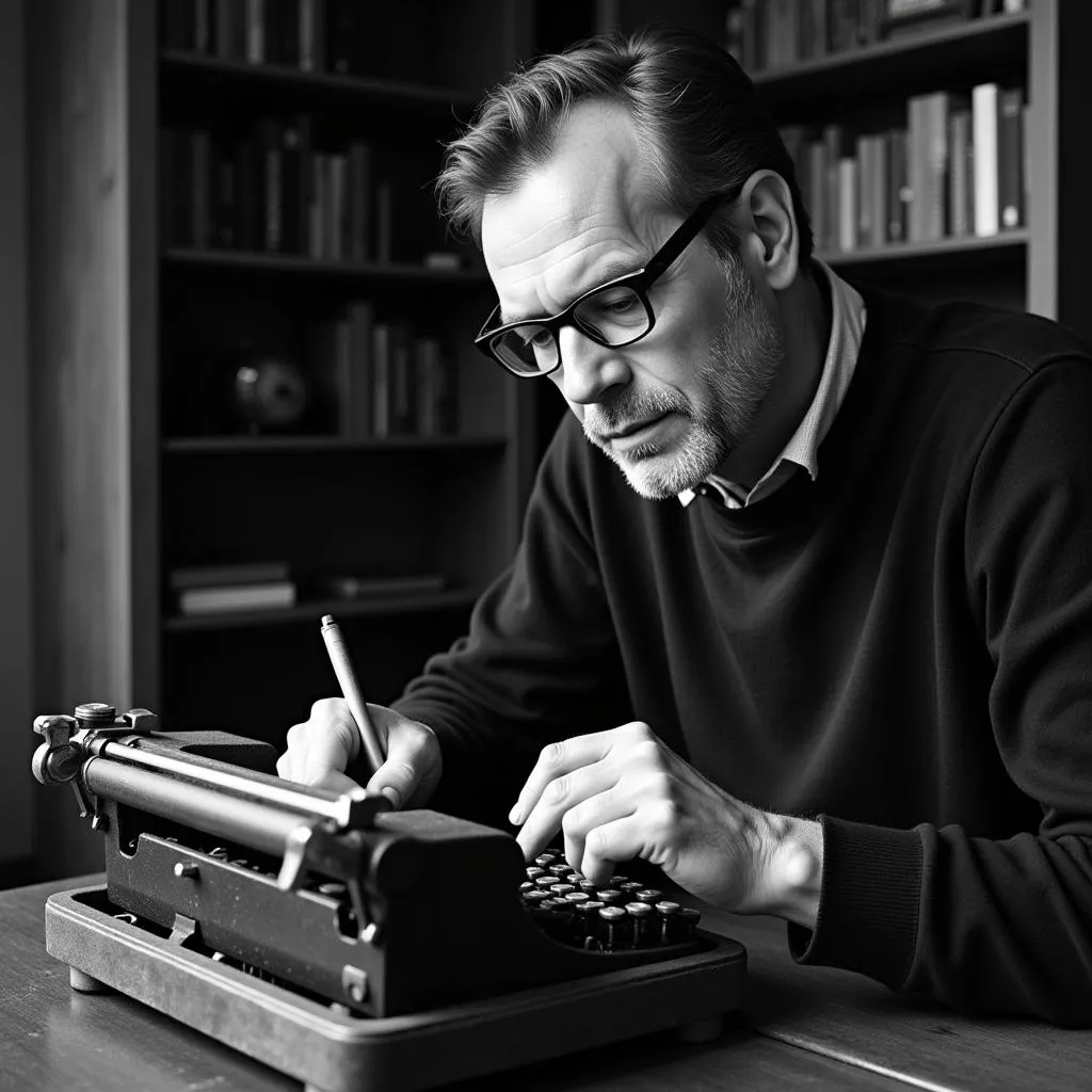 Robert A. Caro en train d'écrire sur une machine à écrire