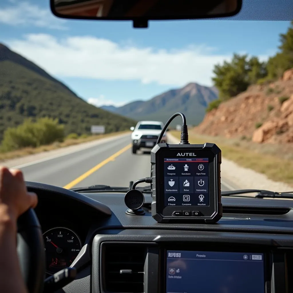 Un 4x4 sur une route de montagne mexicaine avec un outil Autel sur le tableau de bord