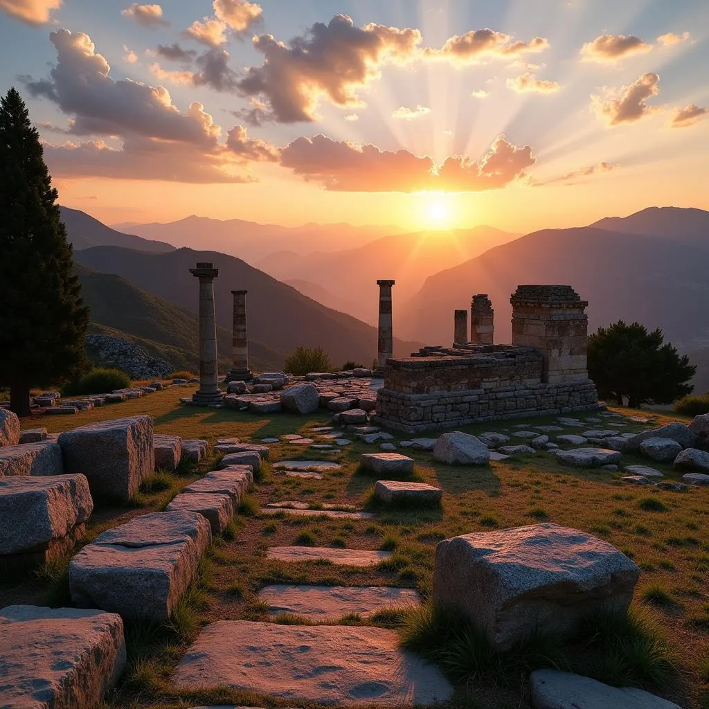 Ruines du Temple d'Apollon à Delphes avec paysage montagneux