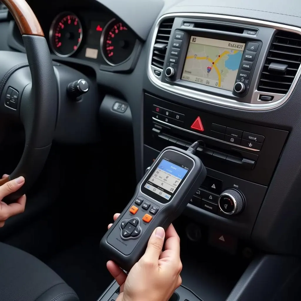 Scanner OBD connecté à la prise d'une Peugeot 2008 S4