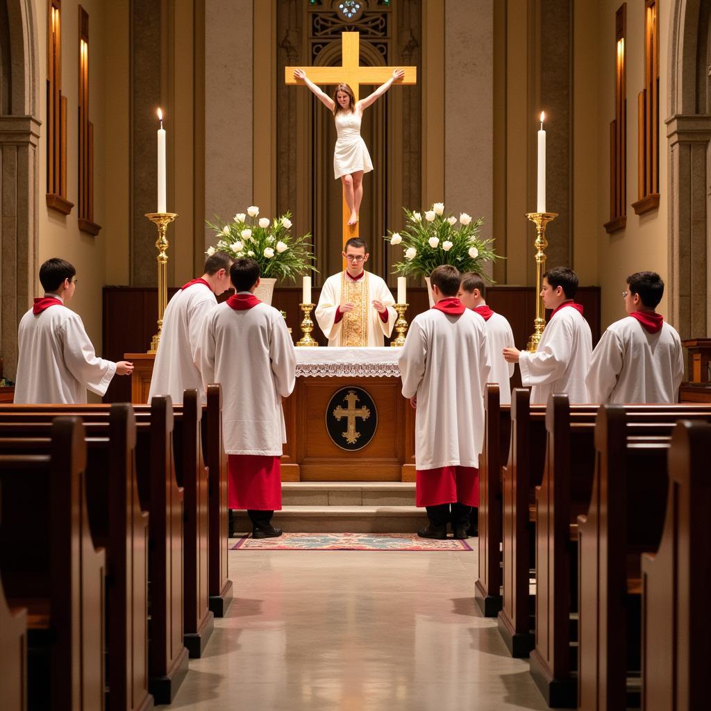 Servants d'autel préparant l'autel pour la messe du Vendredi Saint