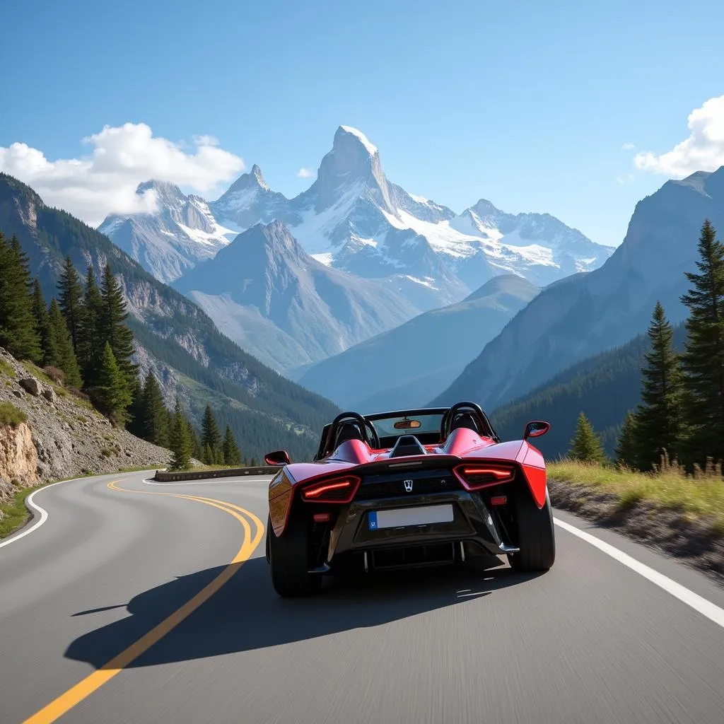 Slingshot sur une route de montagne avec un ciel bleu en arrière-plan