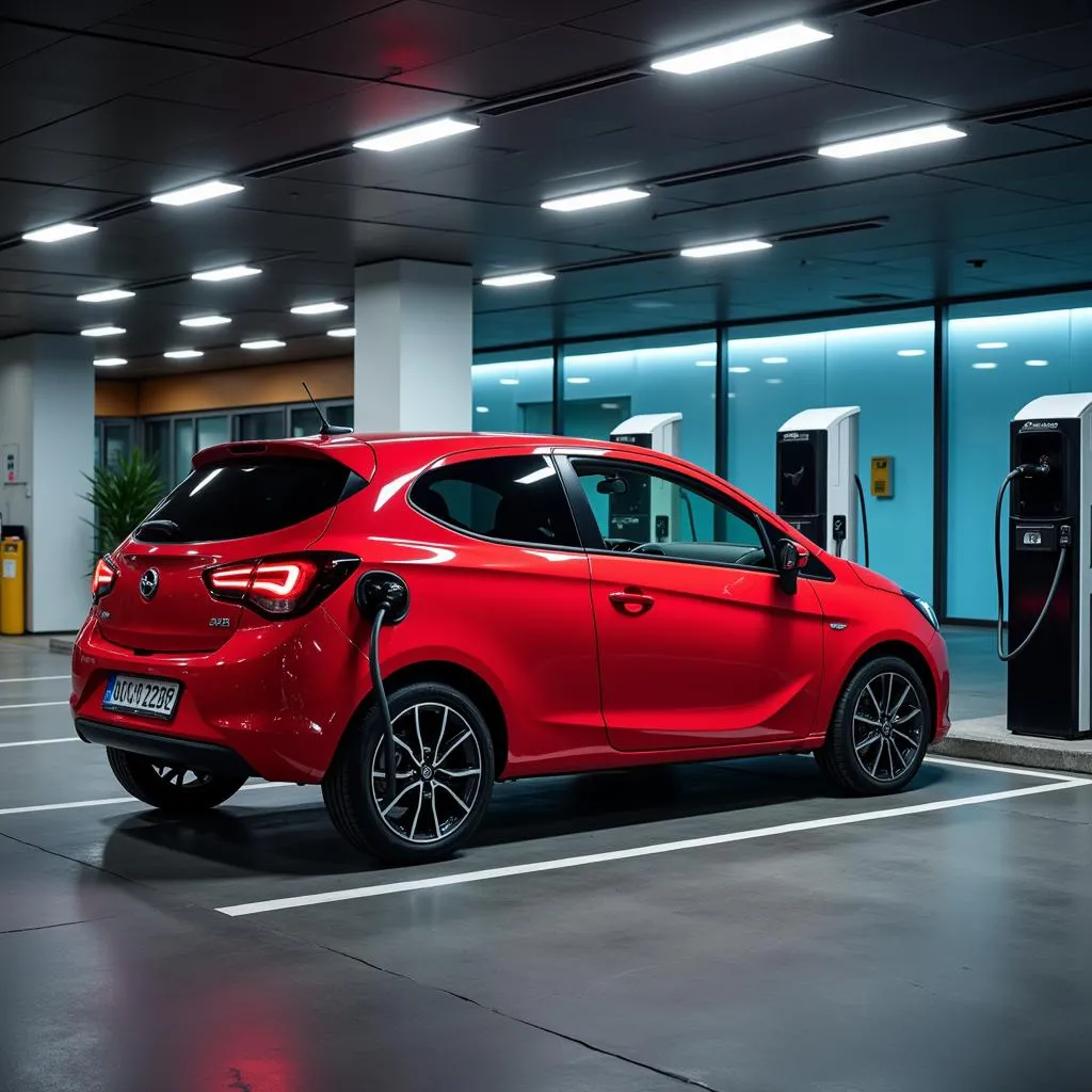 Opel Corsa-e se rechargeant dans une station publique.