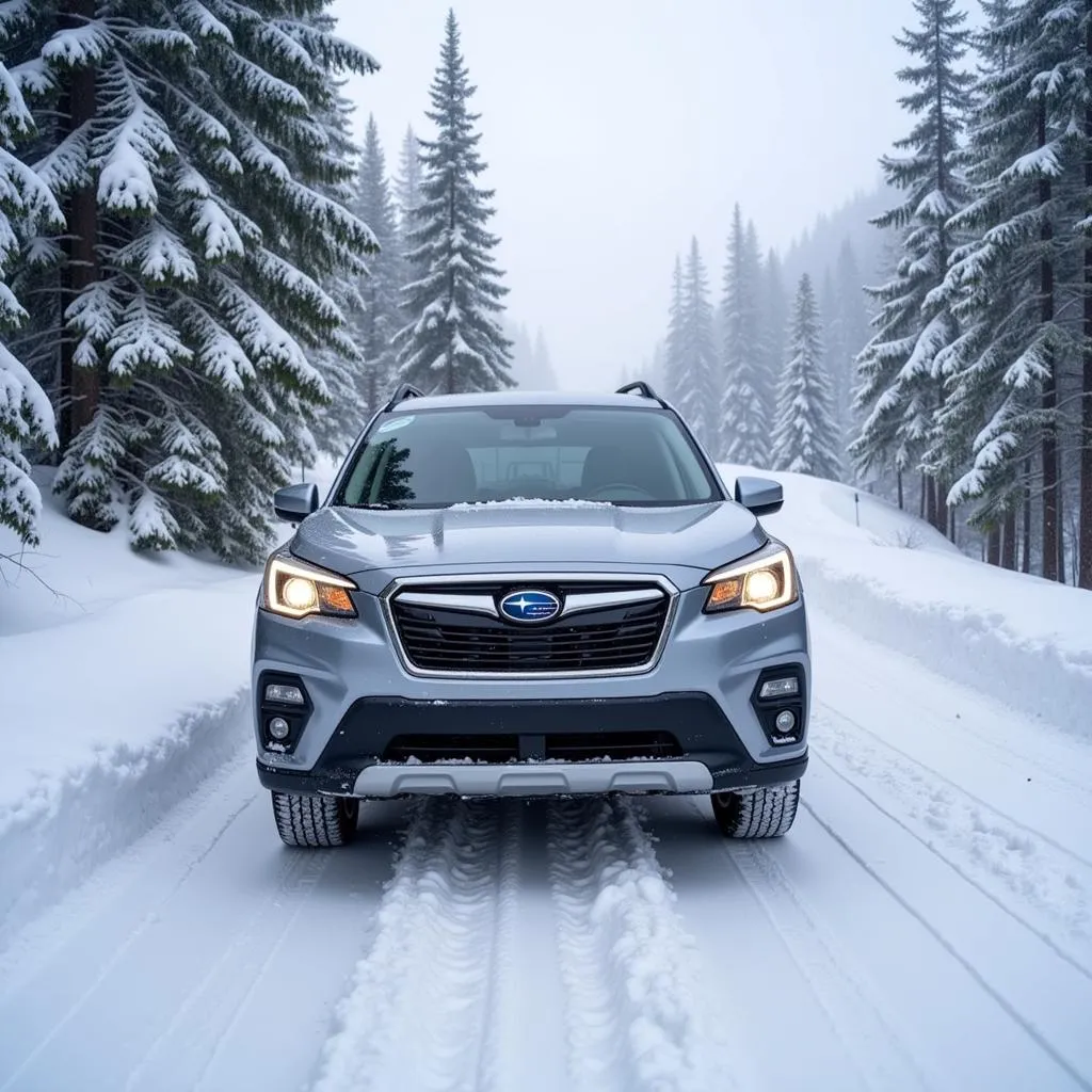 Subaru dans la neige en montagne