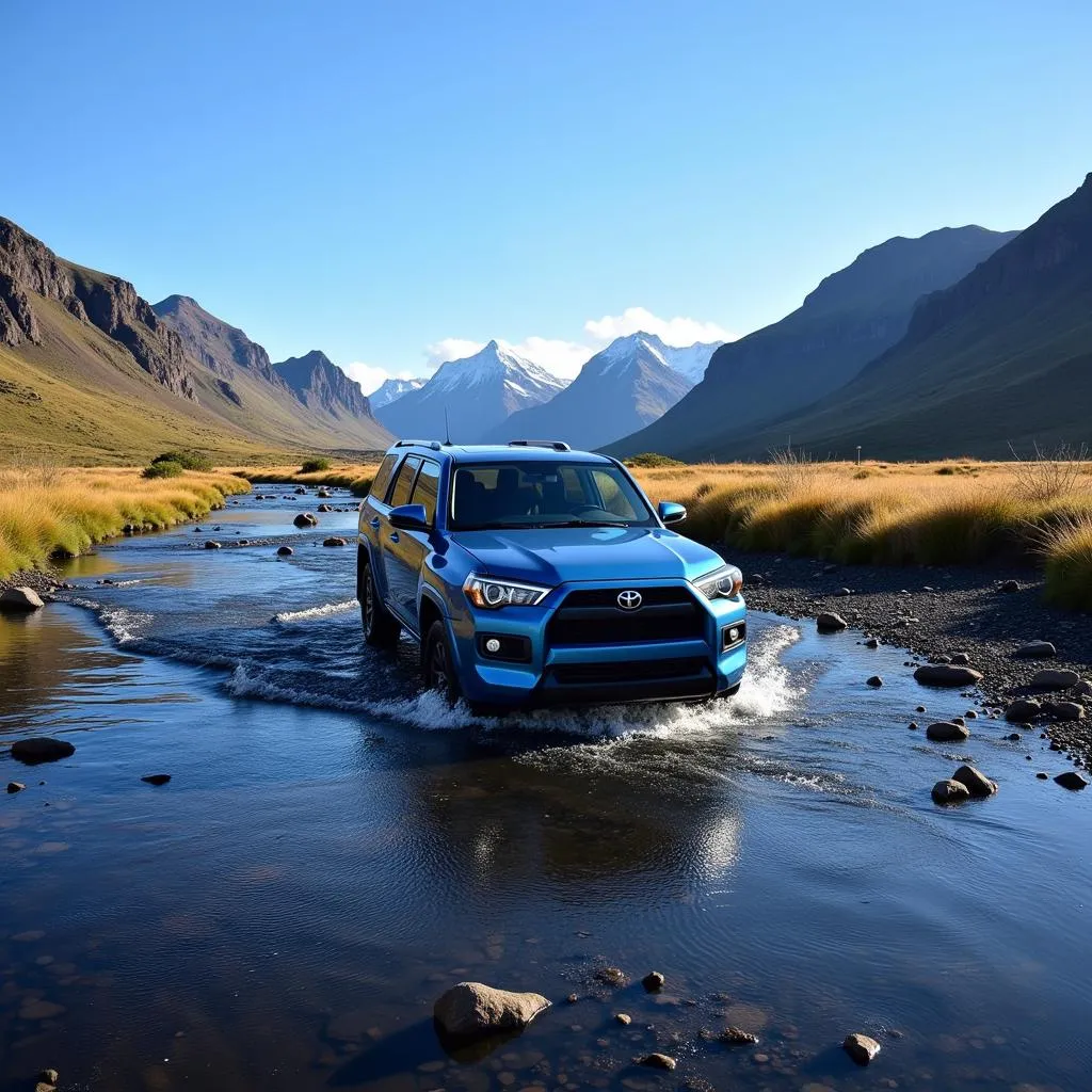 SUV bleu traverse une rivière en Islande