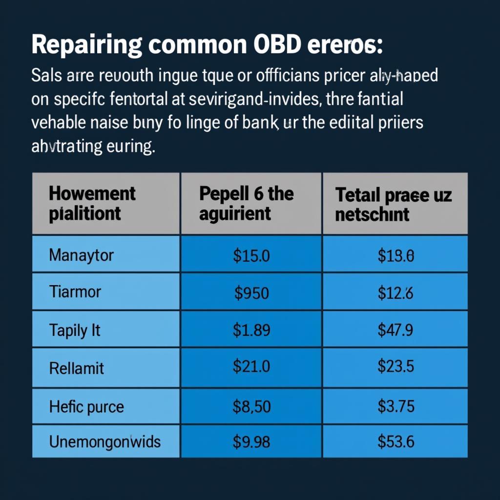 Table des prix pour la réparation des erreurs OBD