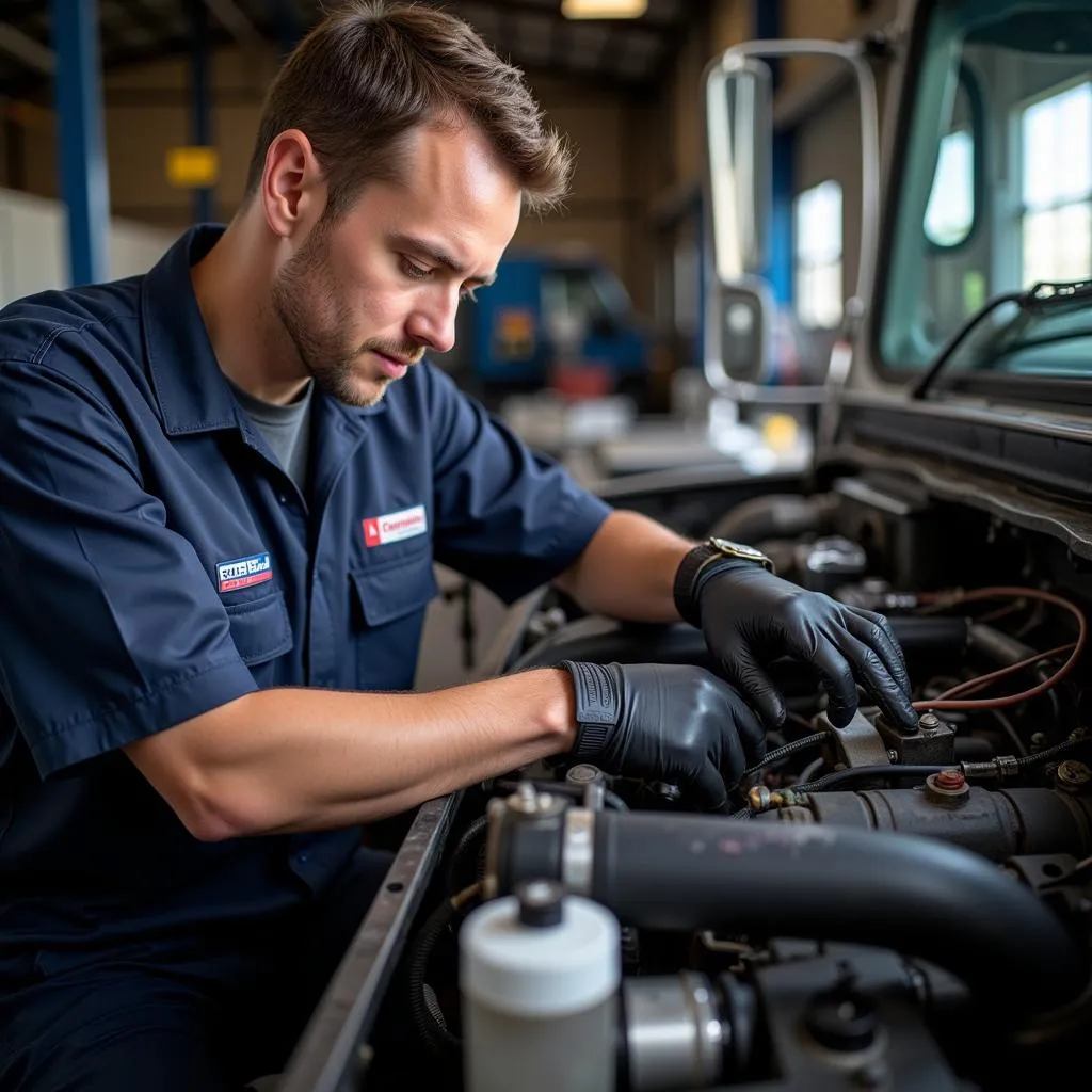 Technicien certifié Cummins en train de réparer un moteur