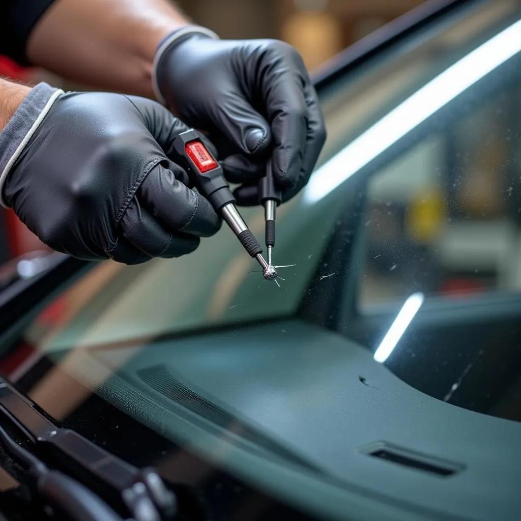 Technicien réparant un pare-brise de voiture