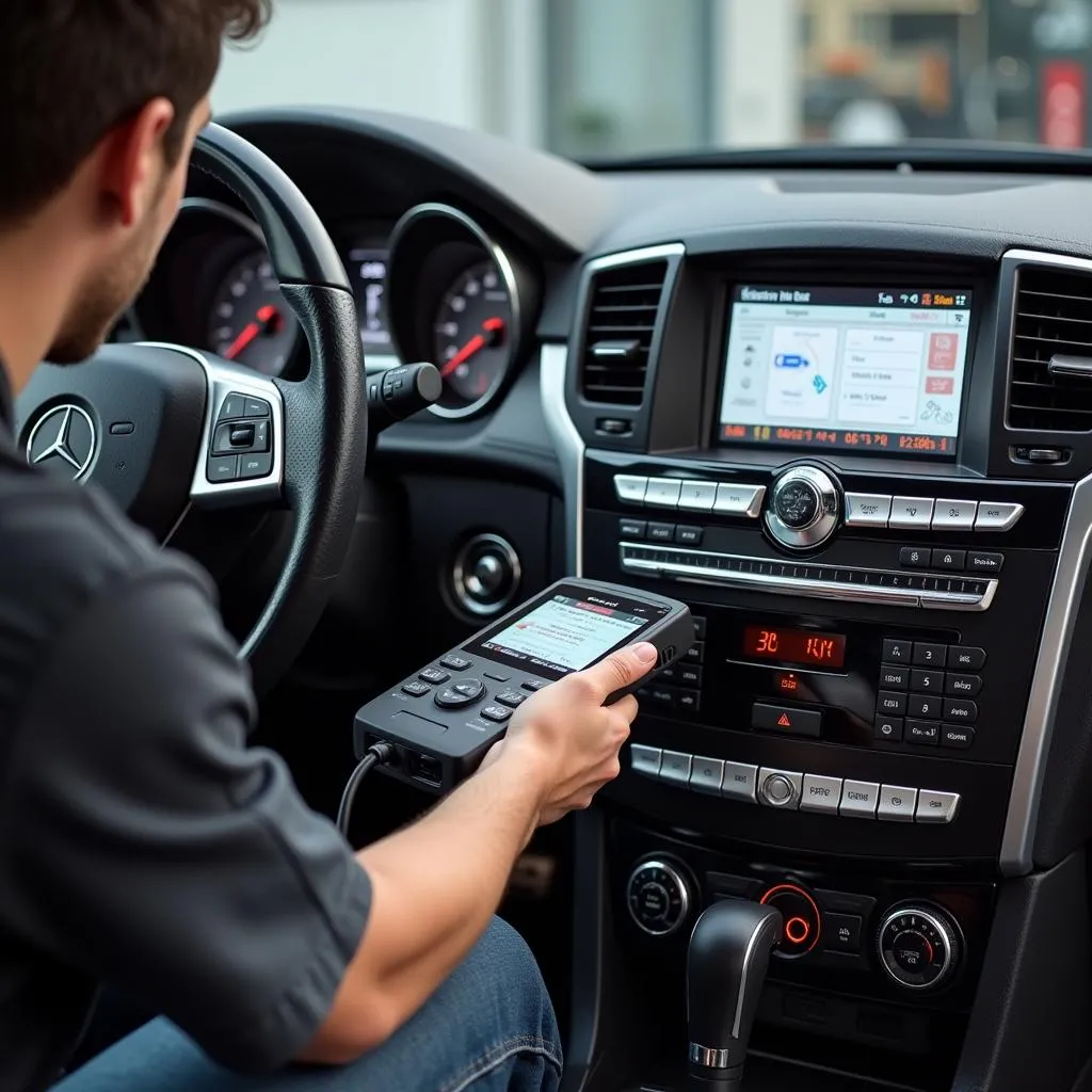 Un technicien automobile utilise un outil de diagnostic Autel sur une Mercedes SL500