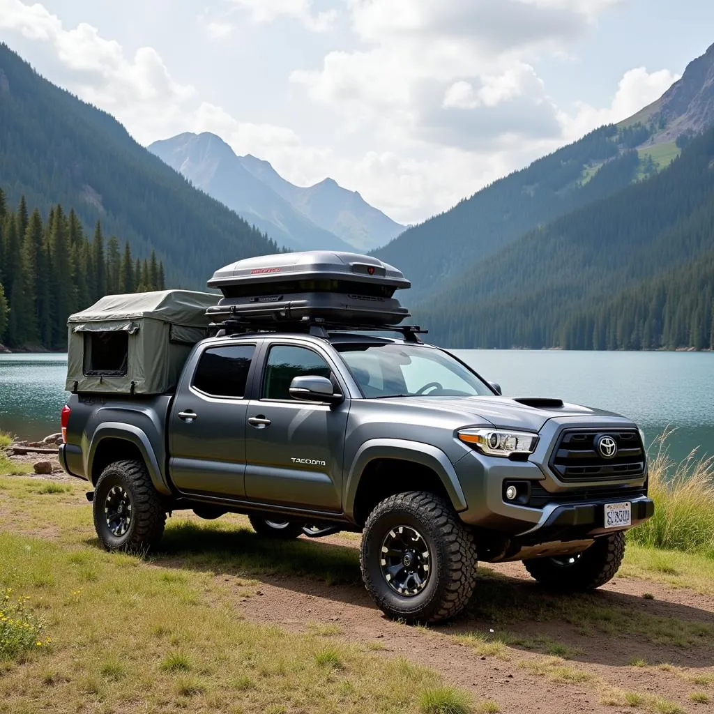 Toyota Tacoma garé près d'un lac avec des équipements de camping