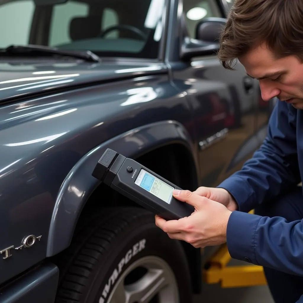 Un mécanicien utilisant un lecteur OBD sur un Dodge Durango 2001