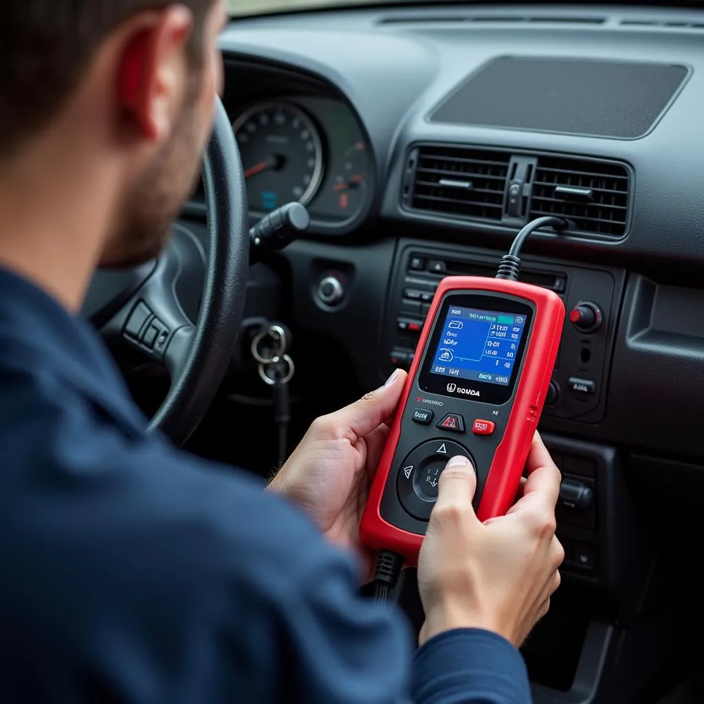 Un mécanicien utilise un outil de diagnostic OBD2 sur une Honda Civic 1995