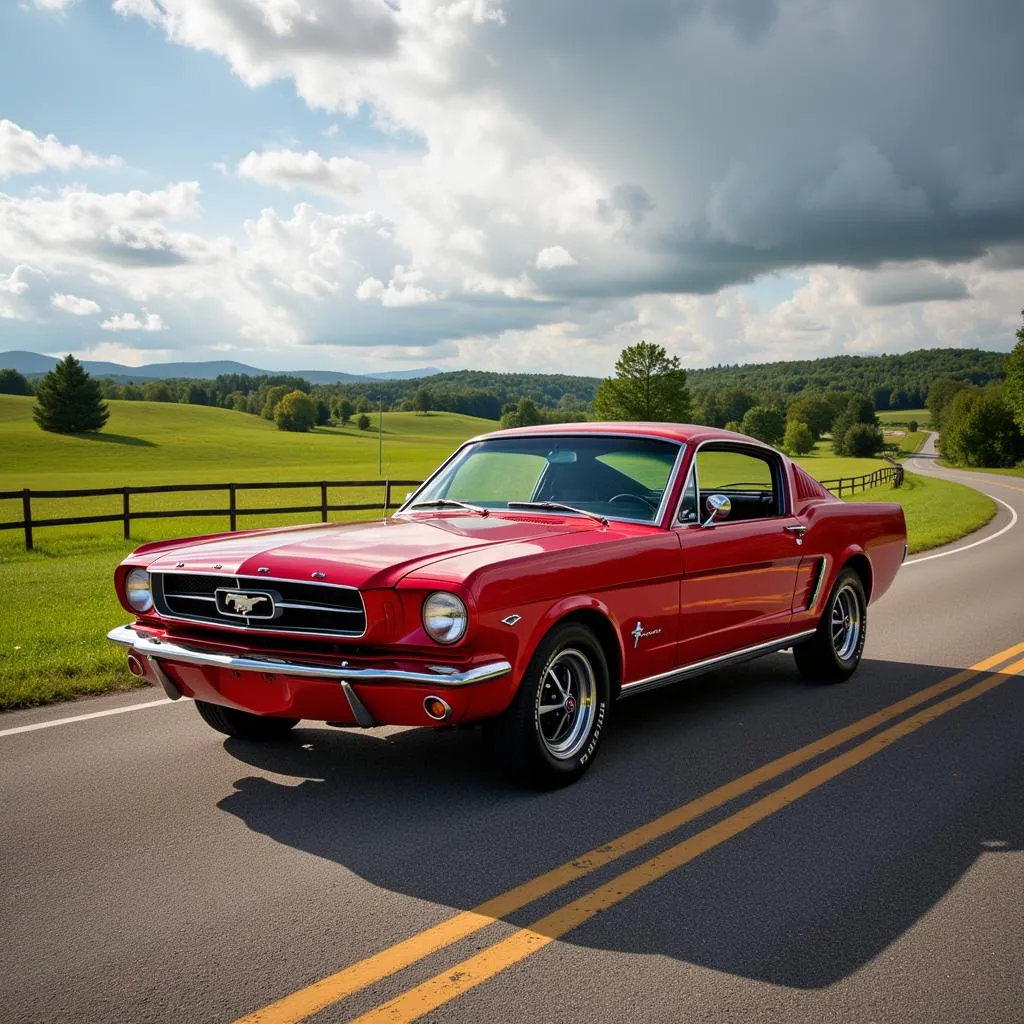 Une Ford Mustang rouge classique sur une route de campagne américaine, symbole de l'héritage automobile américain.