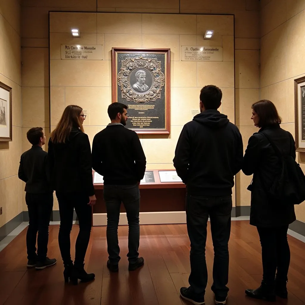 Des visiteurs du musée de Cluny admirent la plaque de l'autel majeur de Grandmont