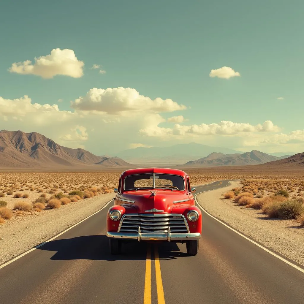 Une voiture rouge vintage dans un paysage désertique