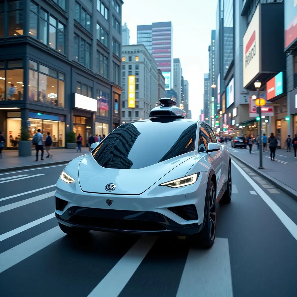 Une voiture électrique autonome dans une ville futuriste