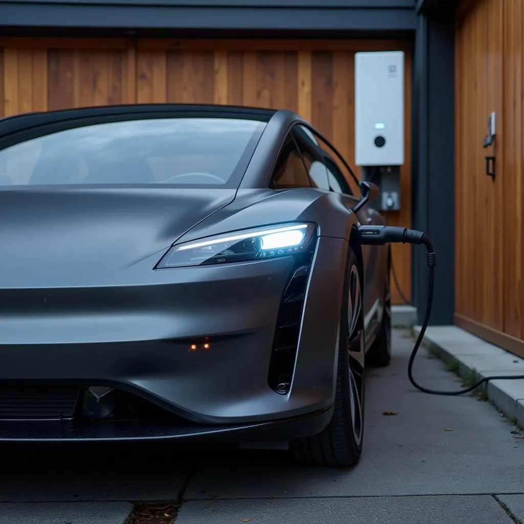 Une voiture électrique branchée à un chargeur dans un garage