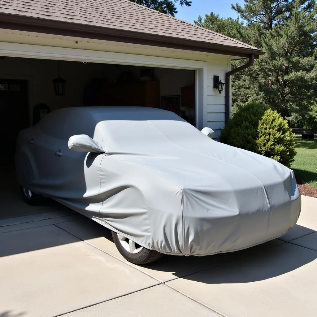 Voiture dans un garage extérieur avec une housse de protection solaire