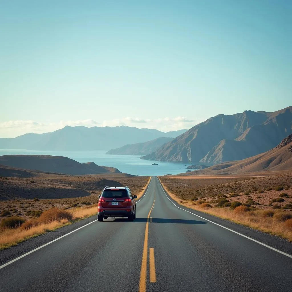 Voiture sur une route ouverte symbolisant la liberté et l'évasion.