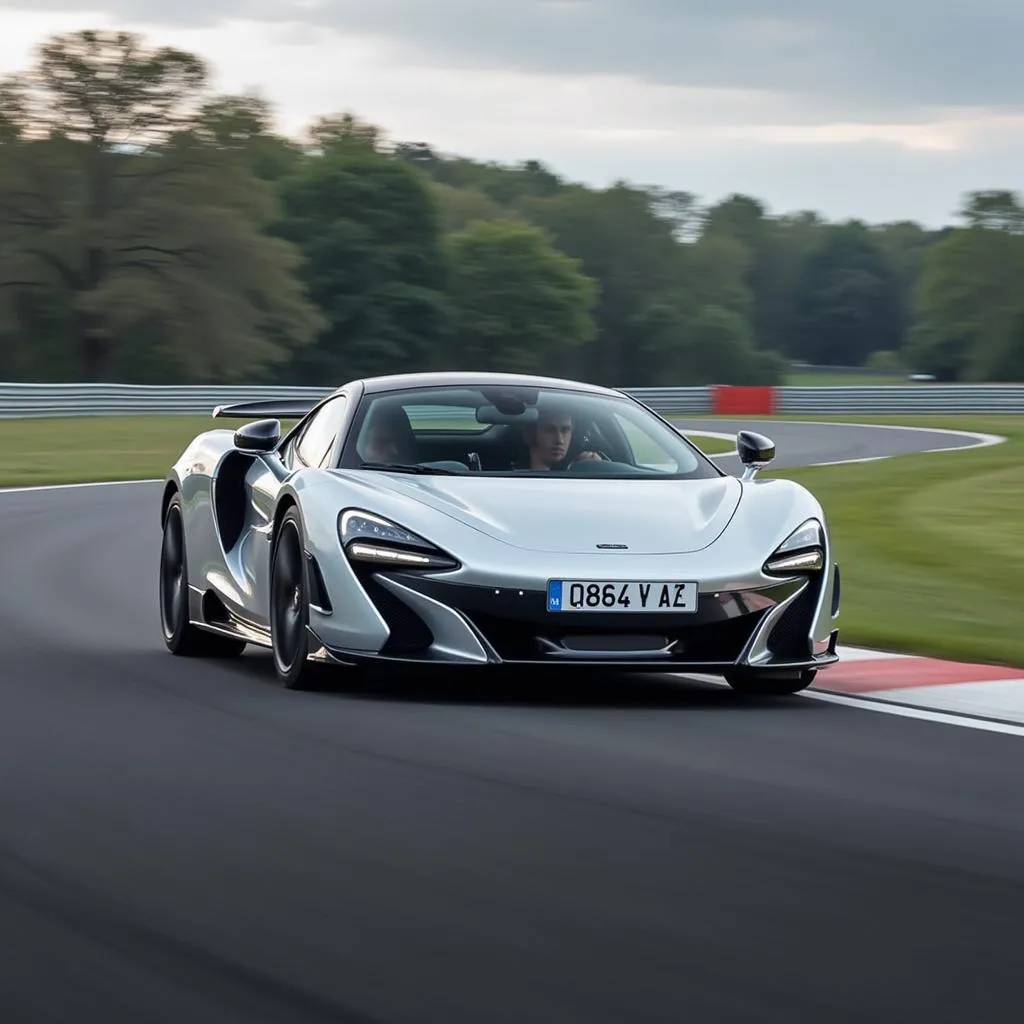 Voiture de sport argentée roulant à grande vitesse sur un circuit automobile