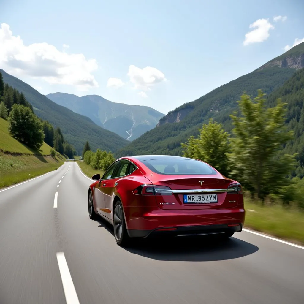 Voiture Tesla Modèle S sur une route de campagne