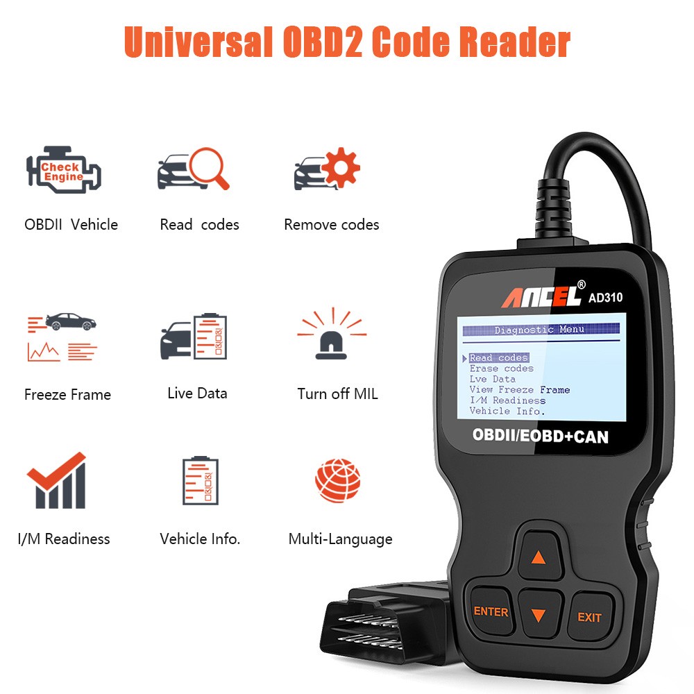 ANCEL AD310 OBDII Code Reader displaying diagnostic information on its LCD screen