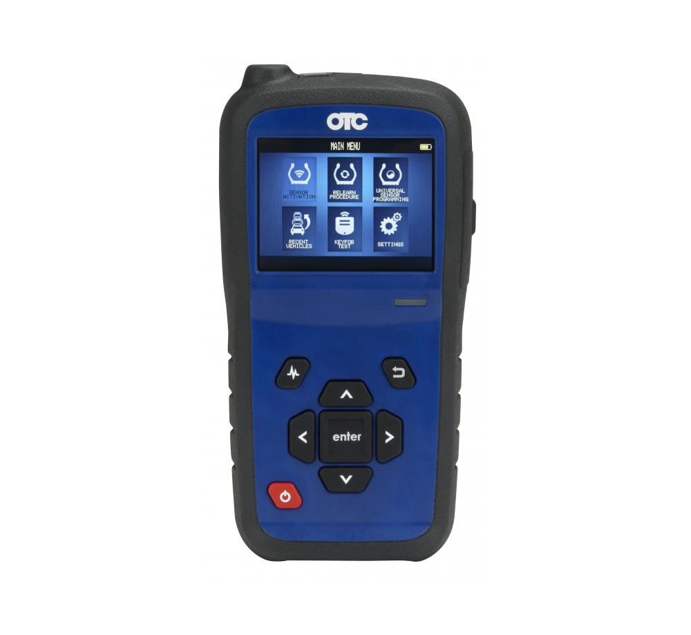 Close-up of the OTC 3838 OBDII TPMS Diagnostic Tool device, showcasing its handheld form factor and rugged design.