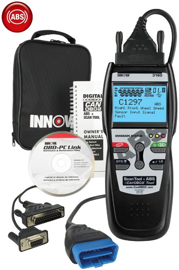 Innova 3160 ABS SRS+ professional diagnostic scanner displaying vehicle data.