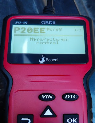 P20EE error code displayed on Foseal OBDII FO-01 scanner, indicating SCR NOx Catalyst Efficiency Below Threshold issue in a Skoda Yeti.