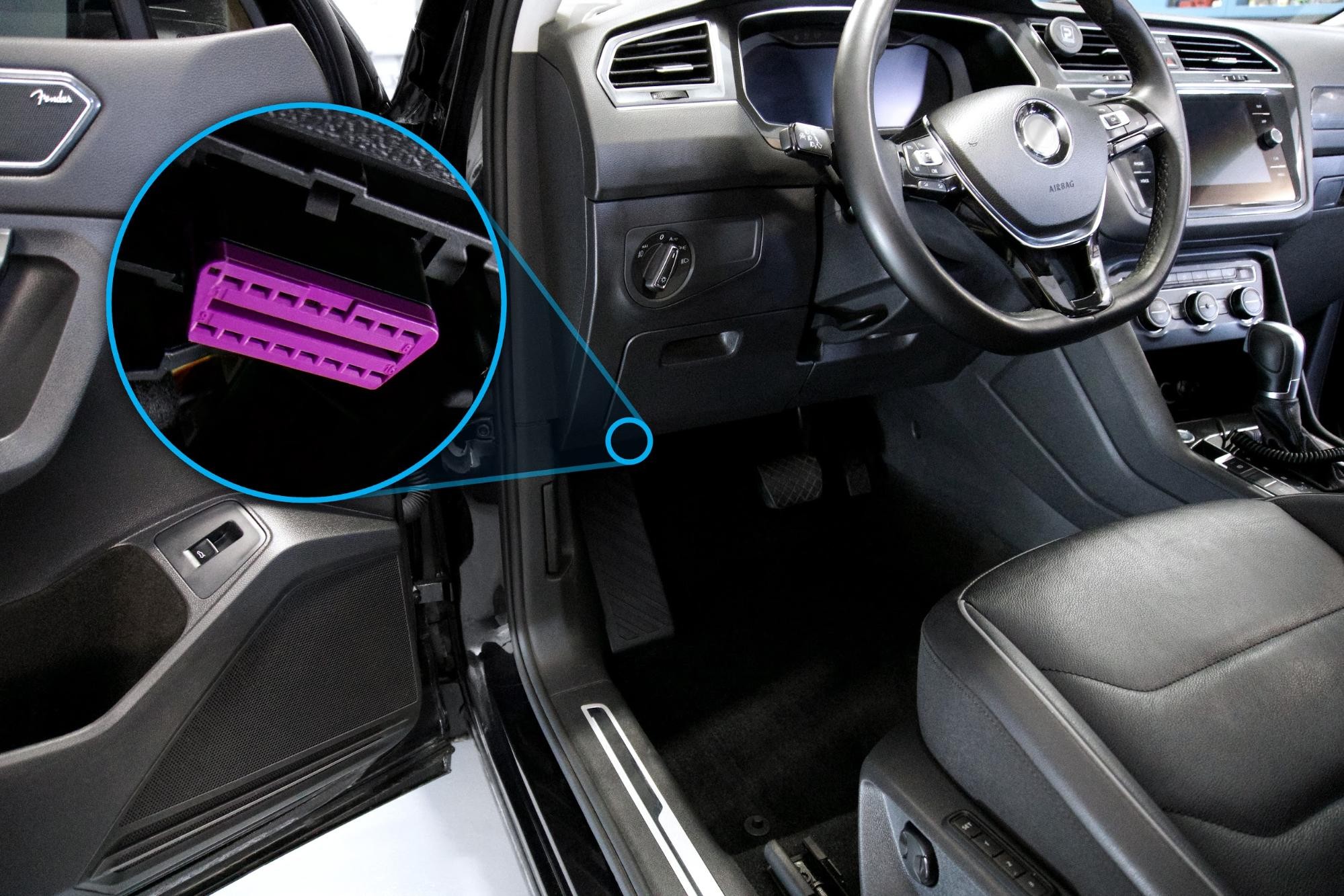 Diagram showing the standard OBDII port location under the dashboard