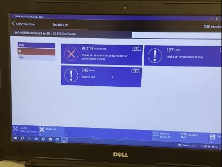 Screenshot from a video showing YDT reading fault codes